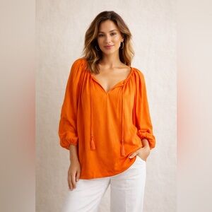Trina Turk Orange Viscose Peasant Blouse Tie Neck Boho Resort Top